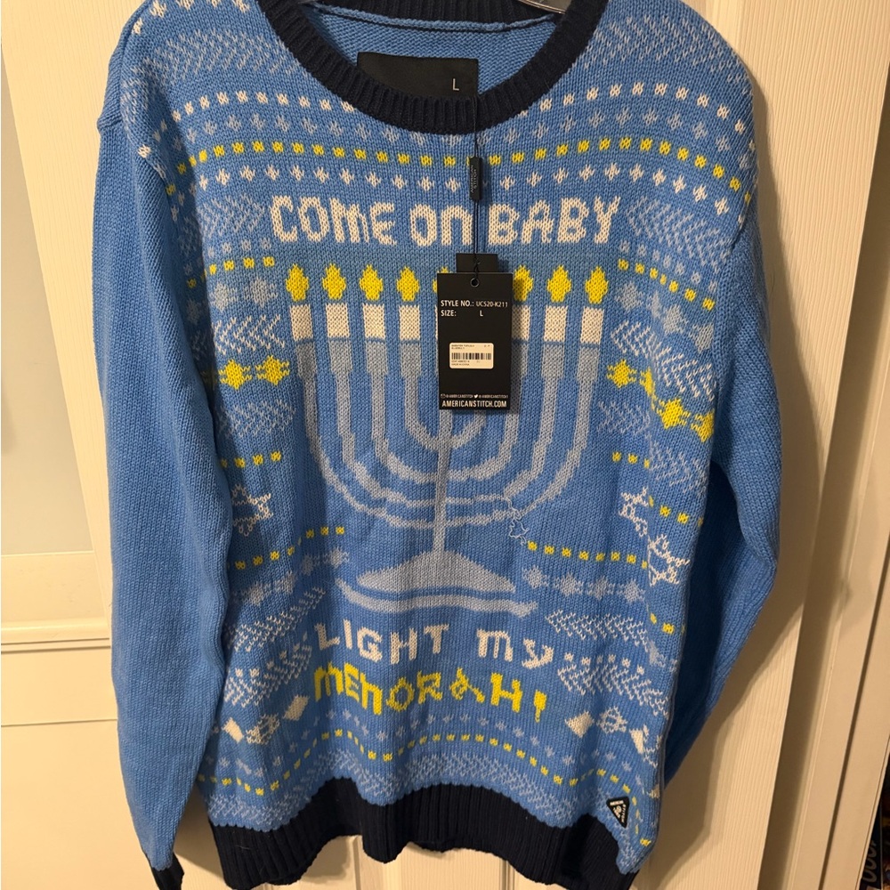 American Stitch Blue and Yellow Hanukkah menorah Festive Sweater